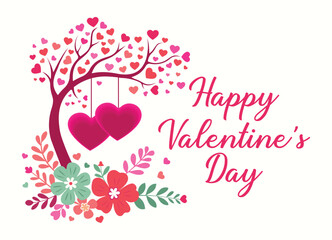 Happy Valentine&rsquo;s Day Illustration with Heart Tree, Hanging Hearts and Floral Elements Vector