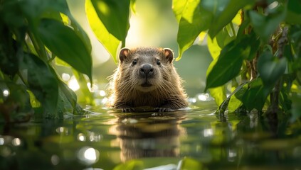 Juvenile beaver emerging through water plants during summer, highlighting freshwater mammal behavior