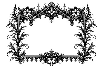 elaborate gothic mirror frame illustration featuring ornate victorian scrollwork, pointed arch detailing, floral tracery and symmetrical dark decorative elements