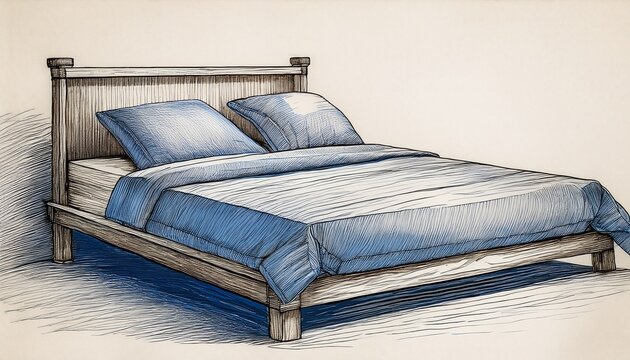 vintage sketch of a bed drawn with pen and blue ink