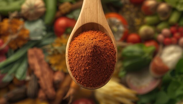 Close-up of ground cumin on a wooden spoon spice handling, World Spice Day