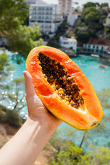 Half of fresh ripe papaya cut open with seeds in woman hand with the background of shining turquoise sea bay in summer sunny day