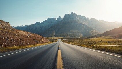 Asphalt pathway traversing rugged mountain terrain, infrastructure in natural settings