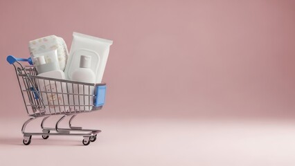Miniature shopping cart filled with essential baby care products on pink, copy space background