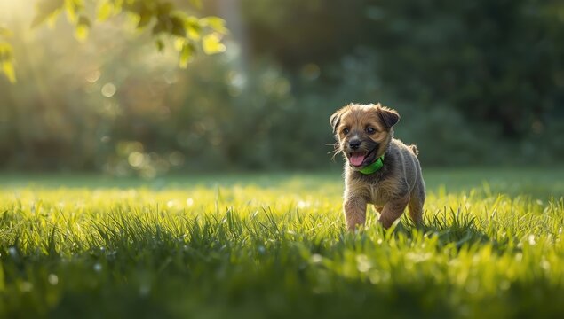 Young dog wearing a green collar strolling through lush grass, highlighting outdoor play and nature