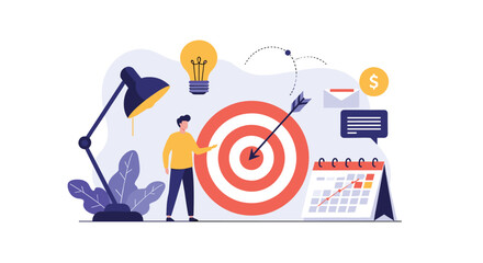 Person stands beside a bullseye target surrounded by icons representing ideas communication planning and deadlines illustrating a focused marketing strategy.
