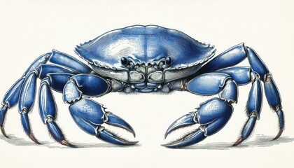 vintage sketch of crab in blue ink on white background