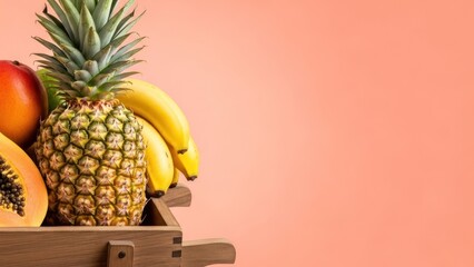 Vibrant tropical fruits arranged in a rustic wooden crate on a peach background