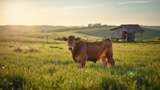 Young cow in grassy pasture, illustrating animal husbandry practices and grazing behavior