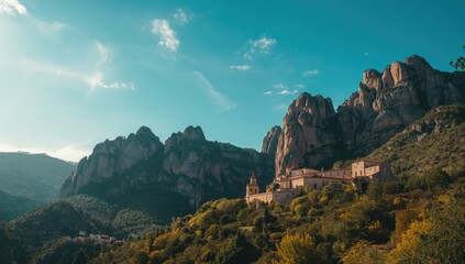 Fototapeta premium The historic monastery in the Montserrat mountain range, used for religious gatherings and cultural preservation