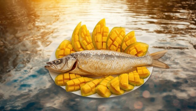 Salt baked mango fish, highlighting prepared seafood with tropical fruit accents in Thai cuisine