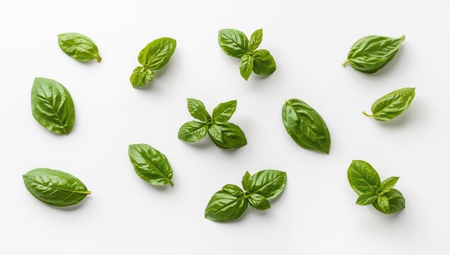 White background with loose basil leaves serving as a natural garnish or ingredient layout