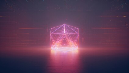 Digital display featuring glowing cubes and HUD grid lines for quantum computer systems, highlighting new technology, World Technology Day