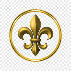 Vector 3d Golden Fleur De Lis Symbol in Round Frame. Elegant Royal Emblem. Classic French Heraldic Icon. Luxury Fleur De Lis Sign. Logo Design, Badge, Noble Decoration, Vintage Ornament