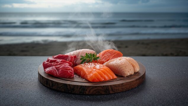 Raw protein sources displayed on a neutral background, suitable for nutrition or health layout