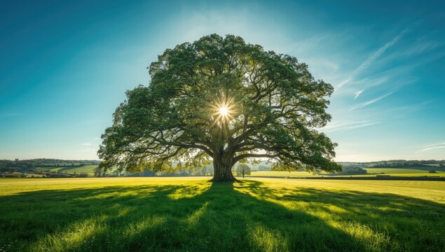 Ancient oak tree rooted in a grassy field used as a background for ecological preservation
