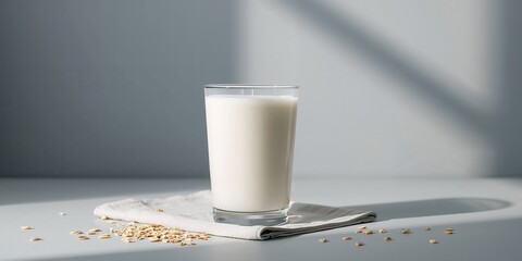 Oat milk and oatmeal seeds placed on grey surface, designed for layout and text overlay