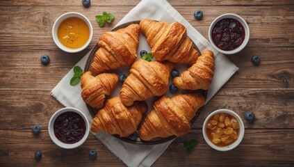 Freshly baked croissants paired with honey, butter, and assorted fruit spreads, breakfast scene for food presentation