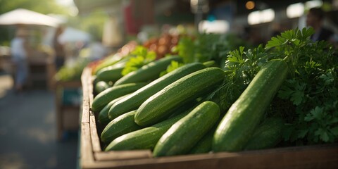 Market scene with green cucumbers for sale, highlighting fresh vegetable availability