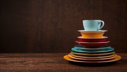 Assorted tableware on wooden surface, used for culinary styling or menu backgrounds