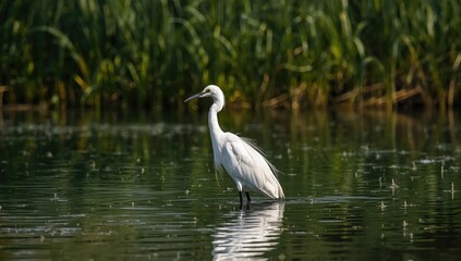Naklejka premium Cattle Egret perched among tall grasses in a rural landscape, highlighting habitat for bird conservation