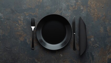 Stone tabletop with black plate, cutlery, and napkin arranged for a simple meal, emphasizing natural textures