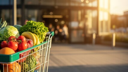 Freshly bought groceries in shopping cart outside supermarket entrance at sunset, copy space background
