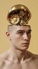 Complex Golden Gears Inside a Man's Open Mind
