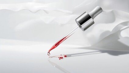 Cosmetic pipette dispensing essence on a white background, emphasizing precision application and product safety