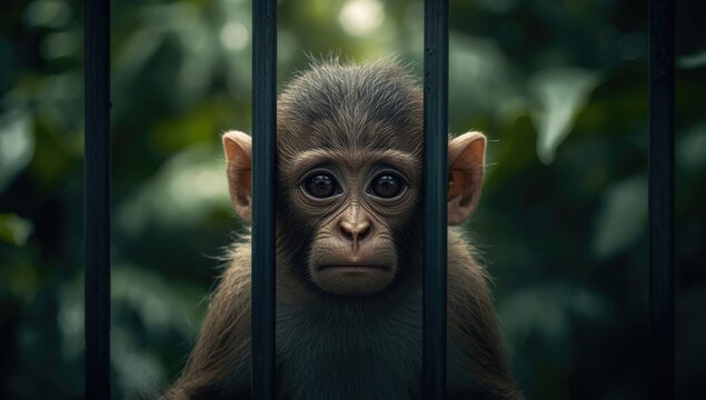 Primate confined in a cage, highlighting captivity and animal rights concerns