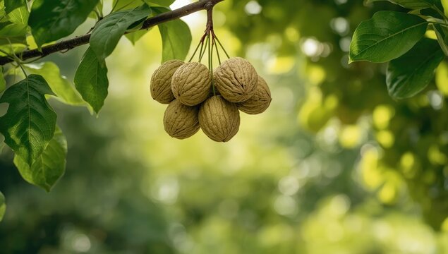 Fresh green walnuts attached to a tree branch, highlighting the early stage of fruit development