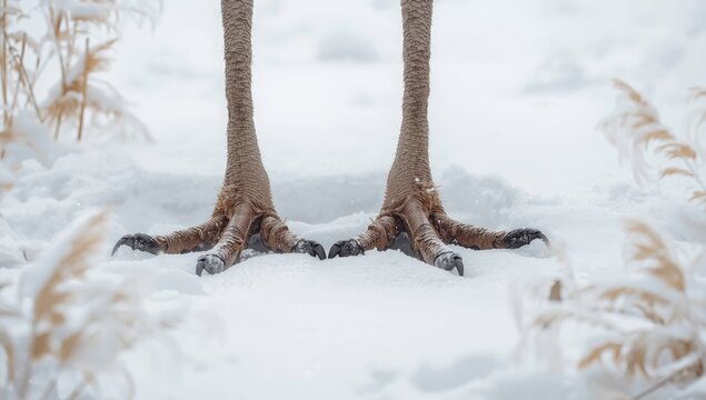 Close-up of ostrich feet in winter terrain, highlighting natural habitat - Powered by Adobe