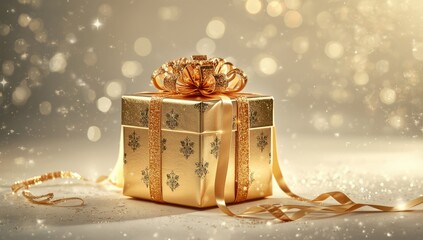 Gold foil gift box adorned with a gold flower and ribbons, suitable for luxurious event packaging