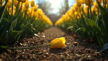 Close-up of yellow tulips bathed in sunlight with a single fallen petal and water droplet, floral development, Earth Day