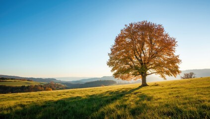 Obraz premium Autumn tree standing alone in a rural environment with sunlight, highlighting seasonal transition and environmental preservation