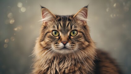 Obraz premium Studio portrait of an adult tabby cat with expressive green eyes, facial details and fur texture, International Cat Awareness Day