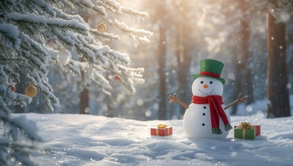 Obraz premium Christmas ornaments and a snowman amidst greenery, serving as a festive background for seasonal decor