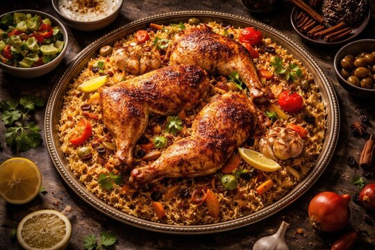 Overhead capture of a well plated kabsa with chicken and seasonal vegetables
