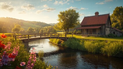 Fototapeta premium Farmhouse and bridge in a scenic landscape seasonal change, spring season