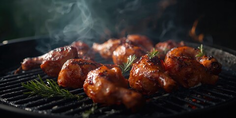 Grilled chicken pieces with open flames, focusing on outdoor cooking techniques