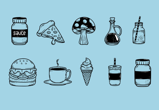 Black Food Drink Burger Coffee Dessert Illustrations Set
