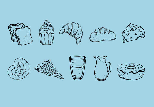Black Food Drawn Bread Croissant Cupcake Breakfast Illustrations Set