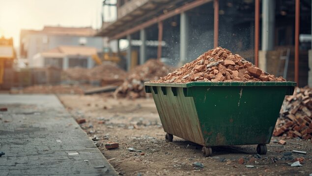 Construction site featuring a green metal skip loaded with debris from demolition activities