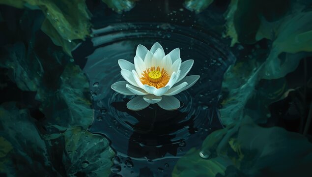 White lotus blossom displaying yellow pollen amidst dark green leaves, ideal for editorial header background