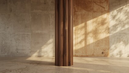 Wooden column as part of zinc wall paneling for interior decor, highlighting craftsmanship and material contrast