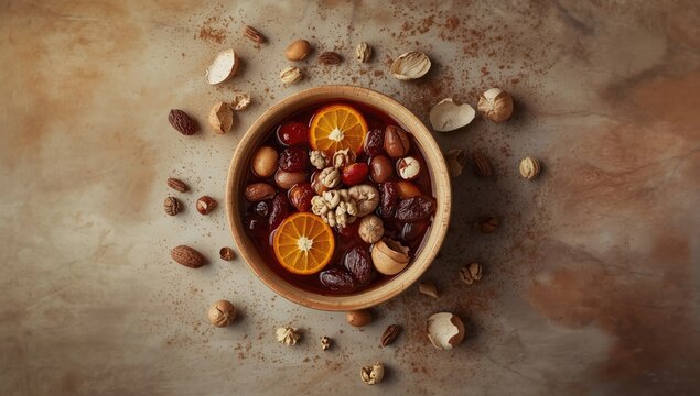 Nuts and dried fruits in a ceramic bowl absorbing brandy, prepared for Christmas fruit cake, seasonal baking process