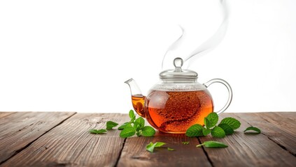 Glass teapot filled with aromatic mint tea and fresh leaves arranged on wooden surface, ideal for tea brewing setup