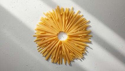 Collection of different pasta types arranged for culinary display or menu layout, focusing on variety and texture