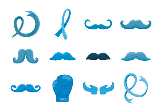 Blue And Light Blue Mustache Ribbon Boxing Movember Illustrations Set