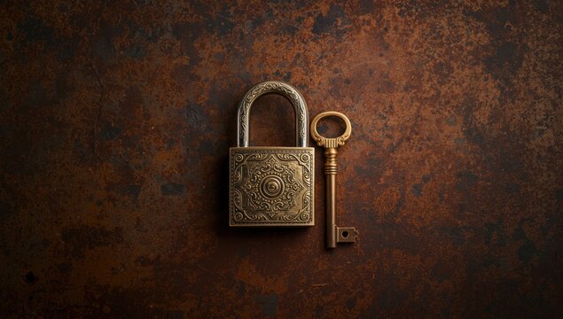 Vintage gold key and padlock as part of an escape room puzzle on aged metal surface, focusing on security and mystery